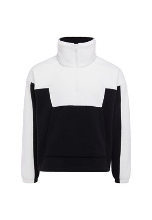 Bluza polarowa z wysokim kołnierzem i półzamek, z czarną dolną częścią i rękawami oraz białym wzorem na górnej części klatki piersiowej i ramion.
