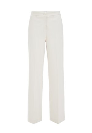 Wide-leg trousers made of light beige fabric, featuring a button closure, front pockets, and straight, relaxed fit. Smooth texture with minimal detailing.