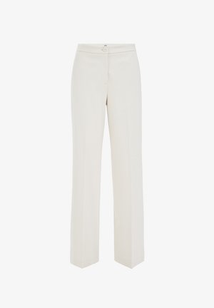 Pantaloni a gamba larga in tessuto beige chiaro, con chiusura a bottoni, tasche frontali e taglio dritto e comodo. Tessuto liscio con dettagli minimi.