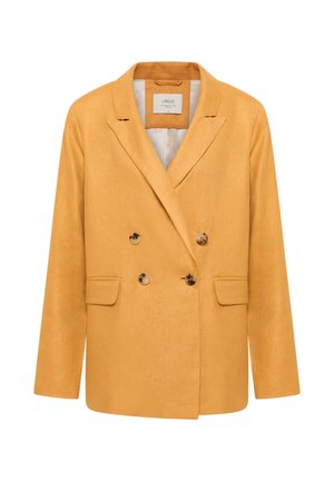 Mustard yellow double-breasted blazer with notch lapels, four tortoiseshell buttons, flap pockets, and a white interior lining.