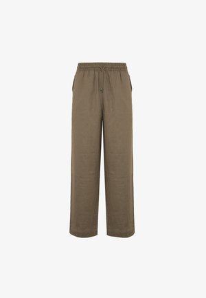 Pantaloni larghi color khaki realizzati in tessuto leggero, dotati di vita elastica, cordoncino e tasche laterali. Texture liscia, design semplice.