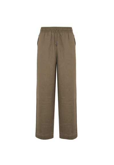Pantaloni larghi color khaki realizzati in tessuto leggero, dotati di vita elastica, cordoncino e tasche laterali. Texture liscia, design semplice.