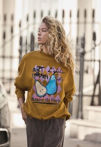 Felpa marrone oversize con una grafica colorata raffigurante una pera e il testo "Art Moderne" e "Musée du Paris." Tessuto con trama.