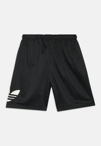 Črne športne kratke hlače iz mrežastega materiala z elastičnim pasom in velikim belim logotipom na levi nogi. Gladek tekstura in lahka zasnova.