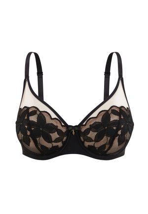 Soutien-gorge en dentelle noire avec des panneaux en mesh transparent, broderie florale et bretelles ajustables. Détail de nœud central ajoutant une touche subtile.