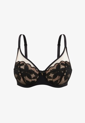 Soutien-gorge en dentelle noire avec des panneaux en mesh transparent, broderie florale et bretelles ajustables. Détail de nœud central ajoutant une touche subtile.