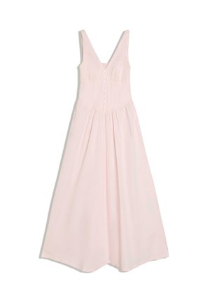 Jasnoróżowa, bezrękawnikowa sukienka maxi z głębokim dekoltem w kształcie litery V, zapinana na guziki z przodu, dopasowaną talią oraz marszczonym, luźno opadającym dołem.