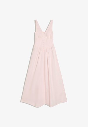 Světle růžové maxi šaty bez rukávů s hlubokým výstřihem do V, zapínáním na knoflíky vpředu, zvýrazněným pasem a nařasenou splývavou sukní.