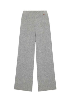 Gray wide-leg pants made from soft, ribbed fabric. Features a smooth, elastic waistband and clean, straight edges without embellishments.
