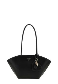 Sac fourre-tout noir en matériau synthétique texturé, avec un logo triangulaire et un porte-clés en forme de cœur avec des accents en métal.