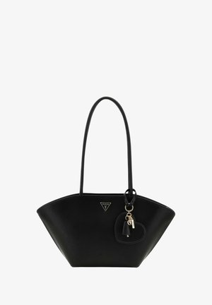 Sac fourre-tout noir en matériau synthétique texturé, avec un logo triangulaire et un porte-clés en forme de cœur avec des accents en métal.