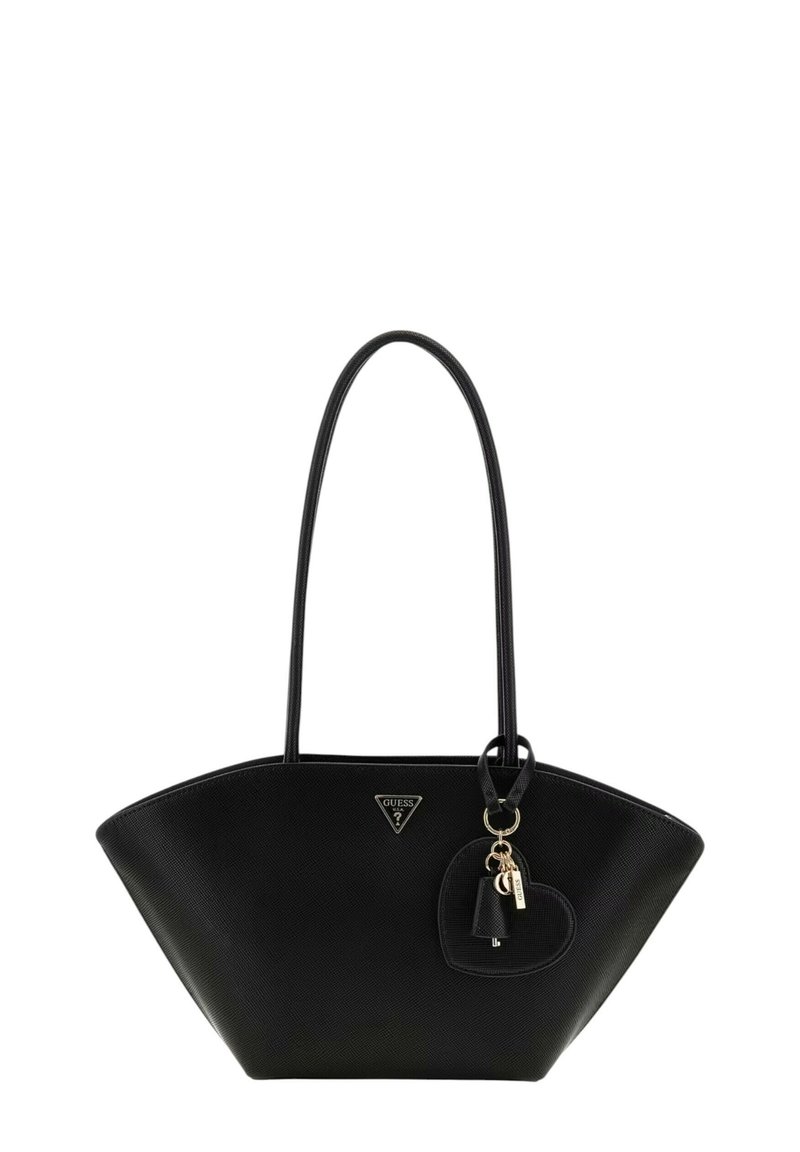 Sac fourre-tout noir en matériau synthétique texturé, avec un logo triangulaire et un porte-clés en forme de cœur avec des accents en métal.