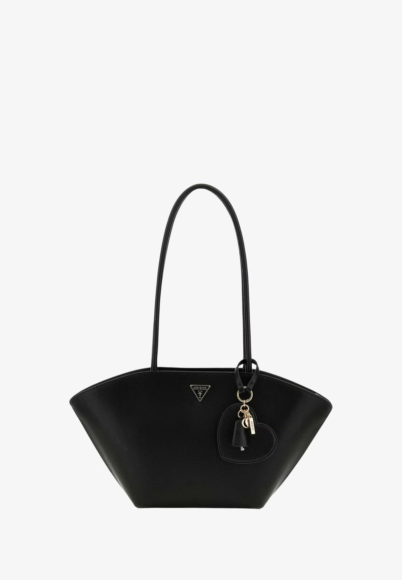 Borsa a tracolla nera realizzata in materiale sintetico testurizzato, con un logo triangolare e un portachiavi a forma di cuore con dettagli metallici.