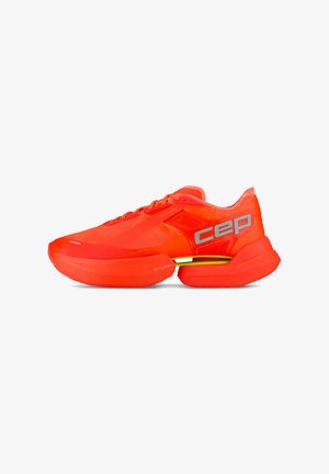 Bright orange running shoe with thick cushioned sole and silver "cep" logo on the side, designed for high performance and comfort.