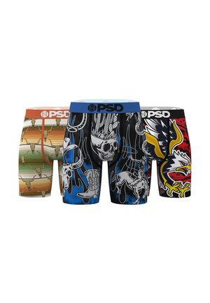 Drei Herren-Boxershorts mit markanten Western-Designs: beige Totenköpfe auf Streifen, blau mit Totenkopf und Cowboy-Stiefeln sowie rot mit einem Adler-Motiv.