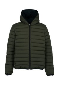 Giacca a vento in verde scuro, dotata di cappuccio, design a cuciture verticali, chiusura frontale con zip e polsini elasticizzati. Superficie esterna liscia.