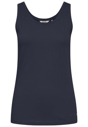 Marineblå tanktopp laget av mykt stoff med scoop-hals og ermeløs design. Har en logo nederst til høyre.