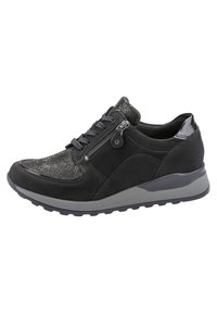 Schwarze sportliche Sneaker mit Wildleder- und strukturierten Akzenten. Verfügt über ein Schnürdesign, einen seitlichen Reißverschluss und eine graue Gummisohle mit leichtem Absatz.