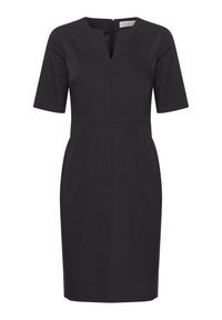 Černé šaty s krátkým rukávem a výstřihem do V se zipem na zádech. Přiléhavý střih, délka ke kolenům, hladká textura a jednobarevné provedení.