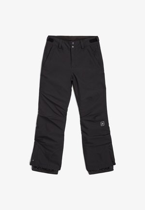 Black snow pants with a smooth texture, zippered pockets, elastic cuffs, and a logo patch on the right leg. Features button and velcro closure.