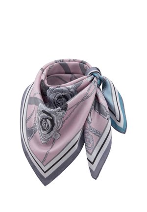 Vierkante roze zijden sjaal met grijze en zwarte rozenpatronen, touwontwerp en een blauw gestreepte hoek, gevouwen en geknoopt.