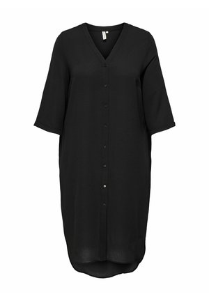 Abito nero con bottoni, scollatura a V, vestibilità ampia e maniche a tre quarti. Realizzato in tessuto morbido, presenta un orlo arrotondato per una silhouette rilassata.