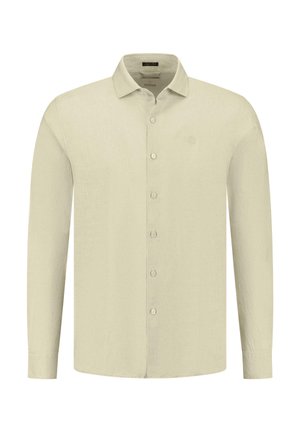 Lys beige langermet skjorte i en linblanding, med en spiss krage, fem knapper, og en subtil logo på øverste venstre side.
