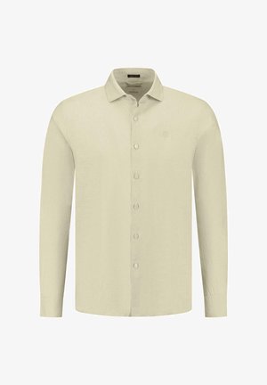Light beige long-sleeve shirt in a linen blend, featuring a point collar, five buttons, and a subtle logo on the upper left side.