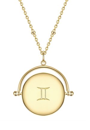 Goldenes Sternzeichen-Anhänger-Halskette mit einem runden Charm, der das Zwillinge-Symbol zeigt, umgeben von einem gebogenen Metallakzent und einer Kette.