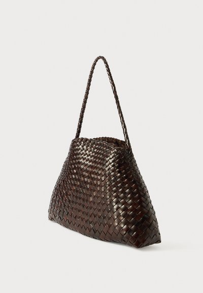 Woven leather handbag in dark brown, featuring a distinctive triangular shape, braided handle, and textured surface with a tight weave.