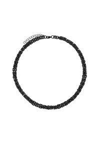 Zwarte ketting met op elkaar geweven schakels en een verstelbare sluiting. Heeft een textuurdesign en een kettinguitbreiding voor maatverstelling.