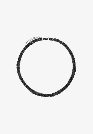 Schwarze Kettenhalskette mit verflochtenen Gliedern und verstellbarem Verschluss. Sie verfügt über ein strukturiertes Design und eine Kettenverlängerung zur Größenanpassung.