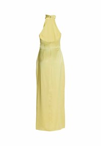 Robe de soirée jaune en satin, à col licou, jupe longue jusqu'au sol, avec fermeture par boutons à l'arrière du cou.