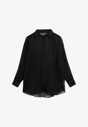 Zwarte, lange mouwen shirt gemaakt van een gestructureerde, lichte stof. Voorzien van een knoopsluiting aan de voorkant, kraag en geribde manchetten.