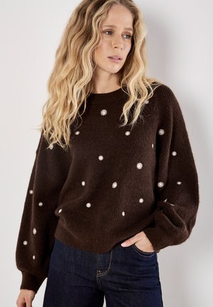 Brown knitted sweater with a round neck, featuring white flower-shaped embroidery dotted throughout. Long, slightly puffed sleeves.