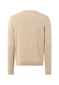 Beige trui van zachte stof, met een ronde hals, lange mouwen, ribgebreide manchetten en een rechte zoom. Geen patronen of versieringen.