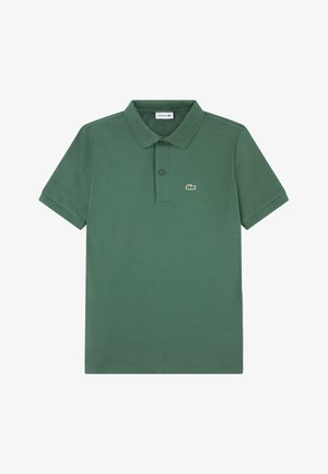 Dark green polo shirt made of cotton with a collar, short sleeves, and a three-button placket. Features a small embroidered logo on the chest.