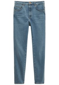 Vaaleansiniset slim-fit farkut, joissa on viisi taskua, normaali vyötärö ja vähäistä haalistumista, joka antaa kuluneen ilmeen.