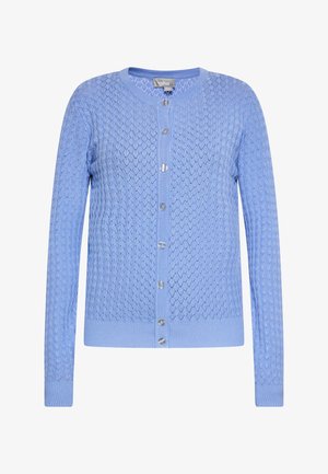 Helles blauer Cardigan aus strukturiertem Strickstoff mit einem Rautenmuster, rundem Ausschnitt und sechs Vorderknöpfen.