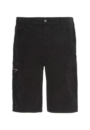 Shorts cargo noirs en tissu léger, dotés de plusieurs poches, d'une poche zippée sur le côté et d'un design à coupe droite.