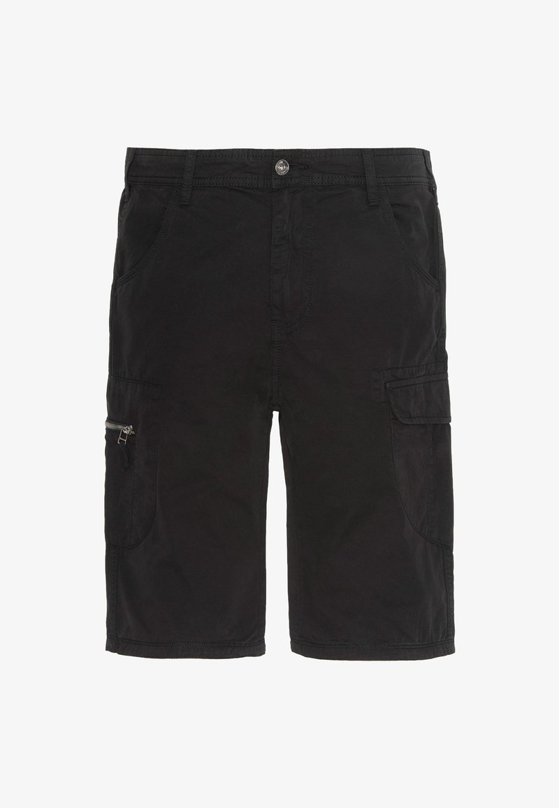 Shorts cargo noirs en tissu léger, dotés de plusieurs poches, d'une poche zippée sur le côté et d'un design à coupe droite.