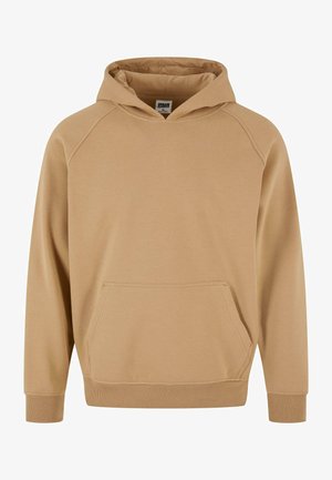 Beige hoodie met een voorzak in kangoeroe-stijl, textuurstof, raglanmouwen en ribbelboorden aan de mouwen en onderkant.