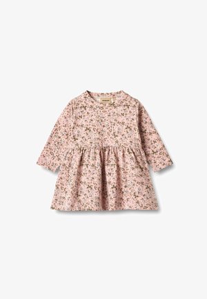 Roosa pikkade varrukatega kleit, millel on helesinise ja rohelise lillemuster. See on varustatud ümarate kaeluste ja laia seelikuosaga. Pehme kangateks.