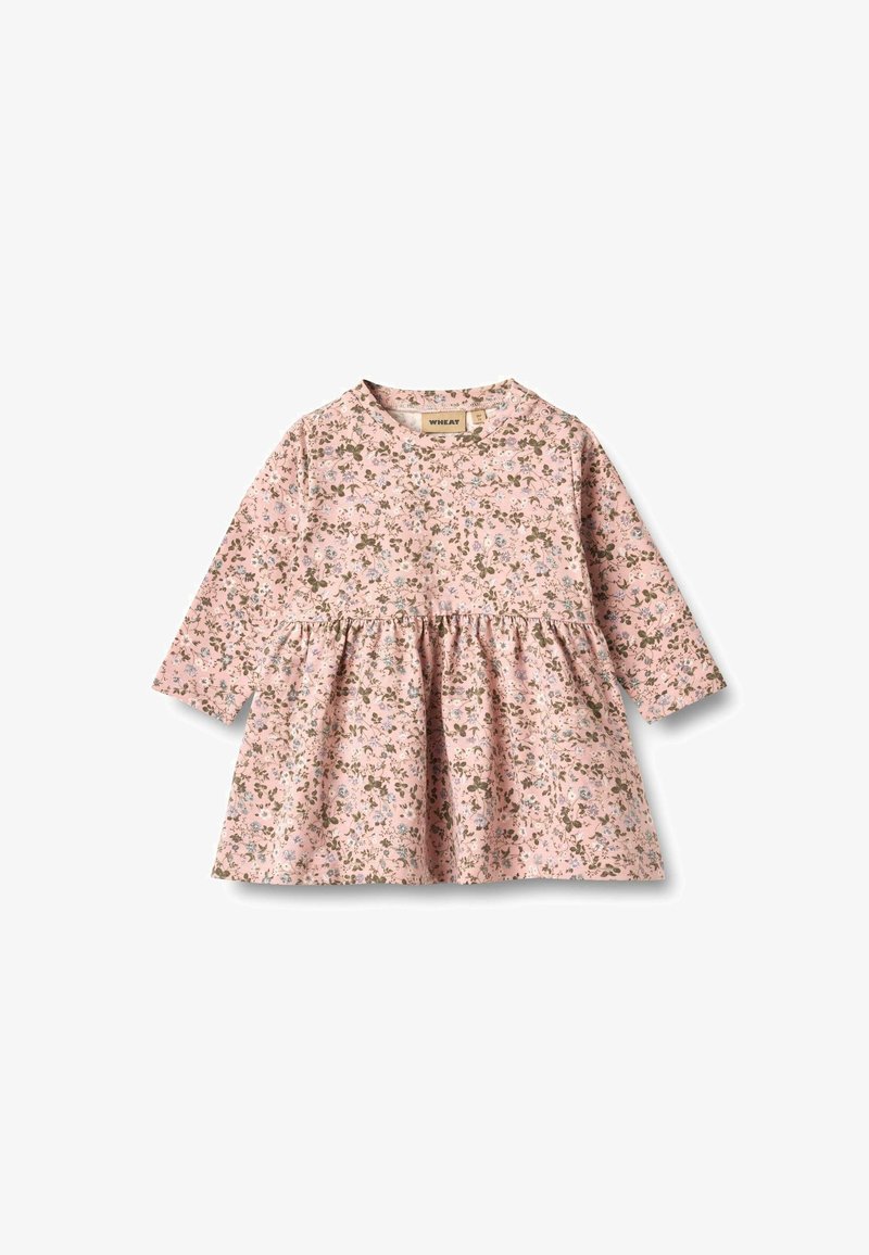 Rochie roz cu mânecă lungă, cu imprimeu floral în nuanțe de albastru deschis și verde. Are un decolteu rotunjit și o fustă evazată. Textură de țesătură moale.