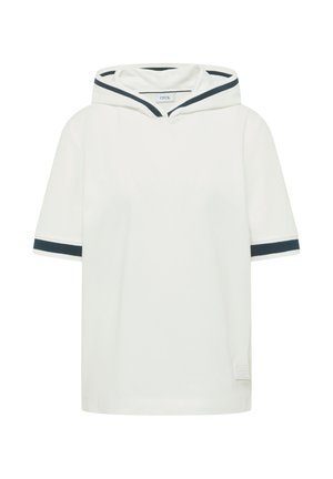 Haut blanc à manches courtes avec capuche, bordure noire sur le bord de la capuche et les poignets des manches, avec une petite étiquette de la marque près de l'ourlet inférieur.