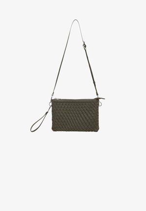 Dark olive green woven leather clutch with detachable wrist strap and adjustable shoulder strap, featuring a top zipper closure.