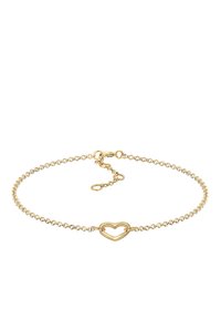 Guldkedja med runda länkar, prydd med ett hjärtformat accent. Inkluderar ett spänne och en förlängningskedja för justerbar längd.
