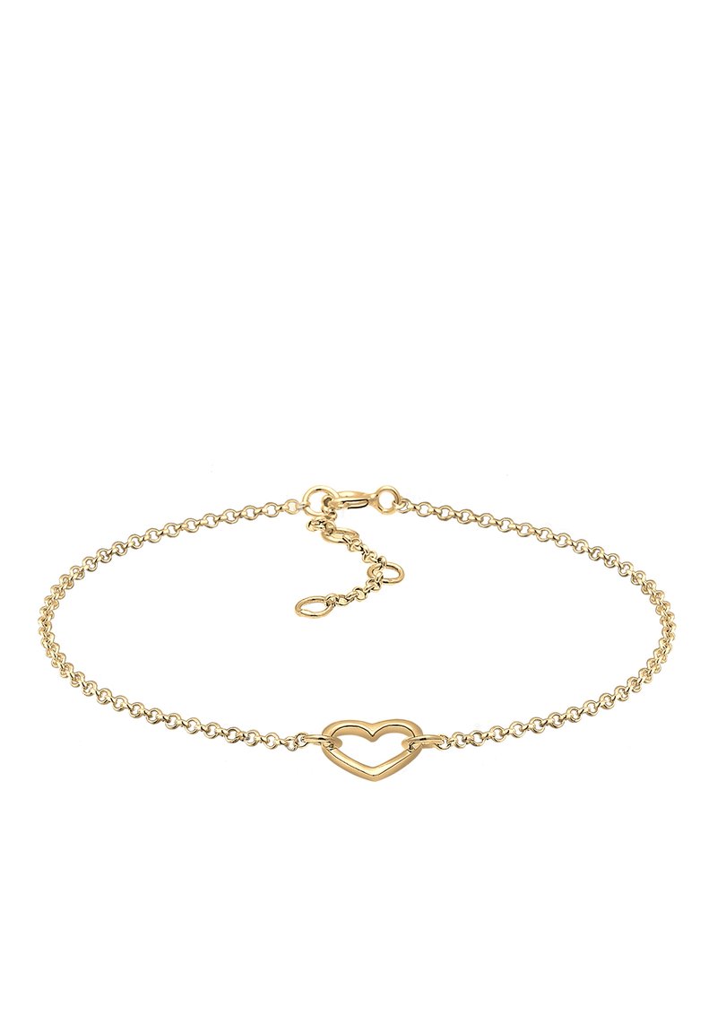 Guldkedja med runda länkar, prydd med ett hjärtformat accent. Inkluderar ett spänne och en förlängningskedja för justerbar längd.