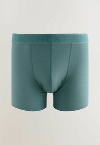 Boxeri din bumbac de culoare teal, cu o talie elastică cu model. Prezintă o croială ajustată și o textură uniformă, având un buzunar conturat în față.