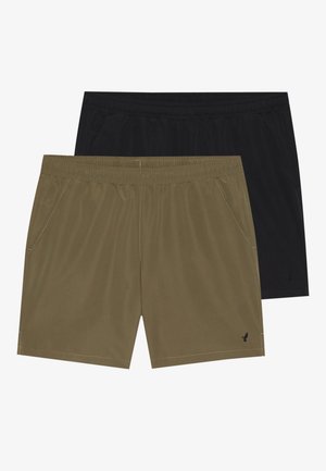 Two pairs of shorts featuring elastic waistbands. One pair is olive green and the other is black, with side pockets and subtle stitching details.